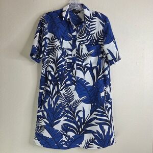 Topshop‎ Dress 4 Blue White Palm Leaf Floral Print Shirt Dress